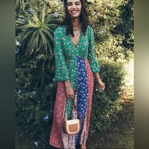 BODEN Lisa Long Sleeve Tea Patchwork Dress Floral Green Blue Red Spring Size 4